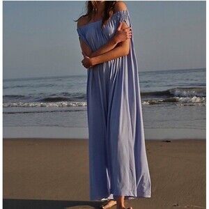 Free People Beach Mexicali Jumpsuit Blue Wide Leg Flowy - Medium